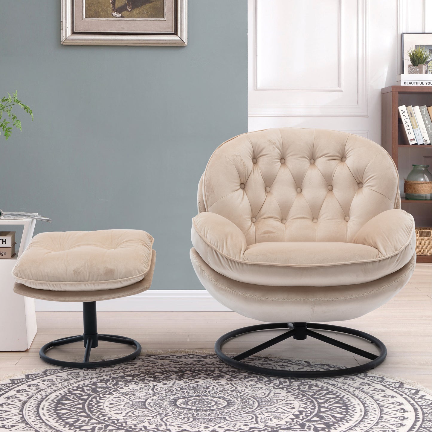Beige Accent Chair with Ottoman