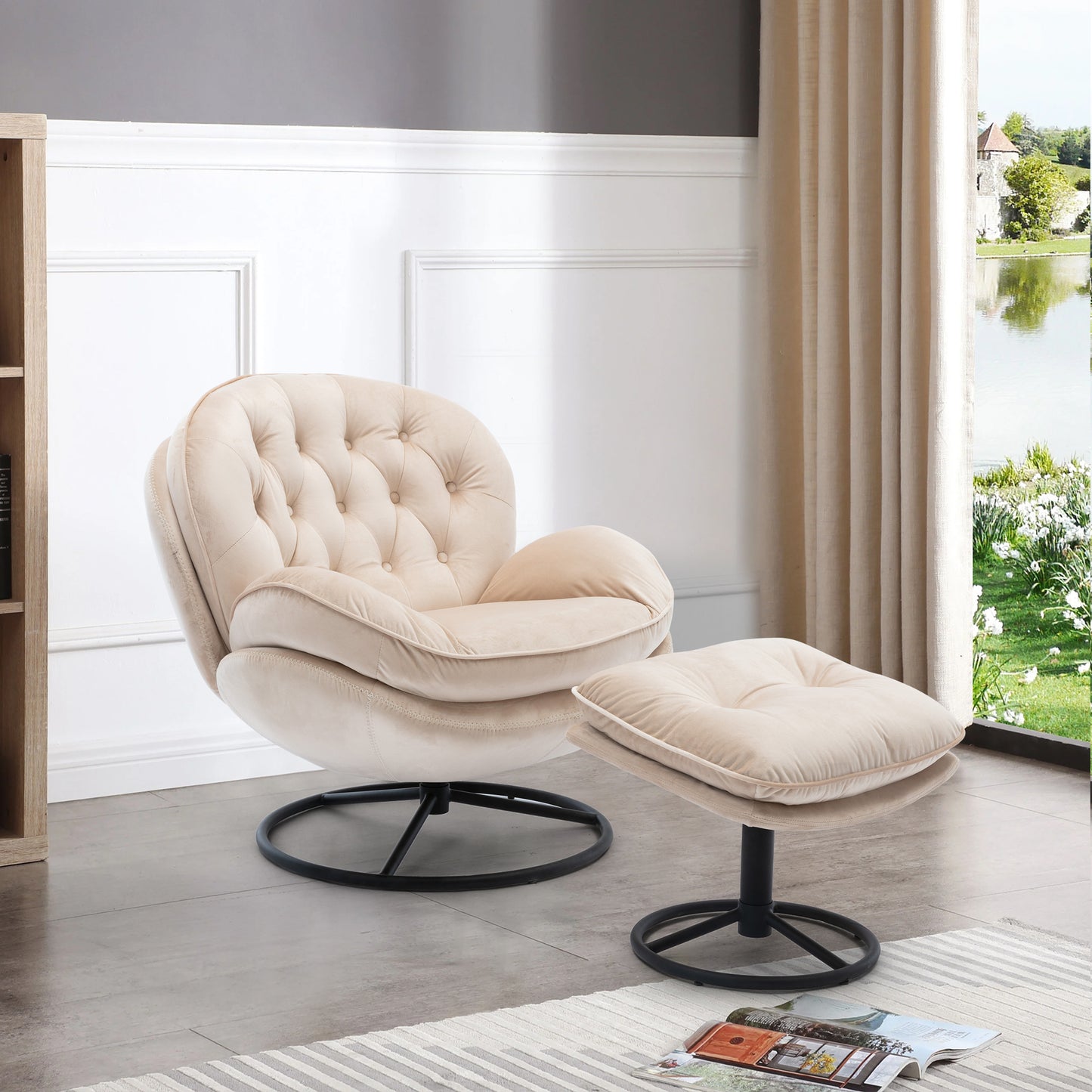 Beige Accent Chair with Ottoman