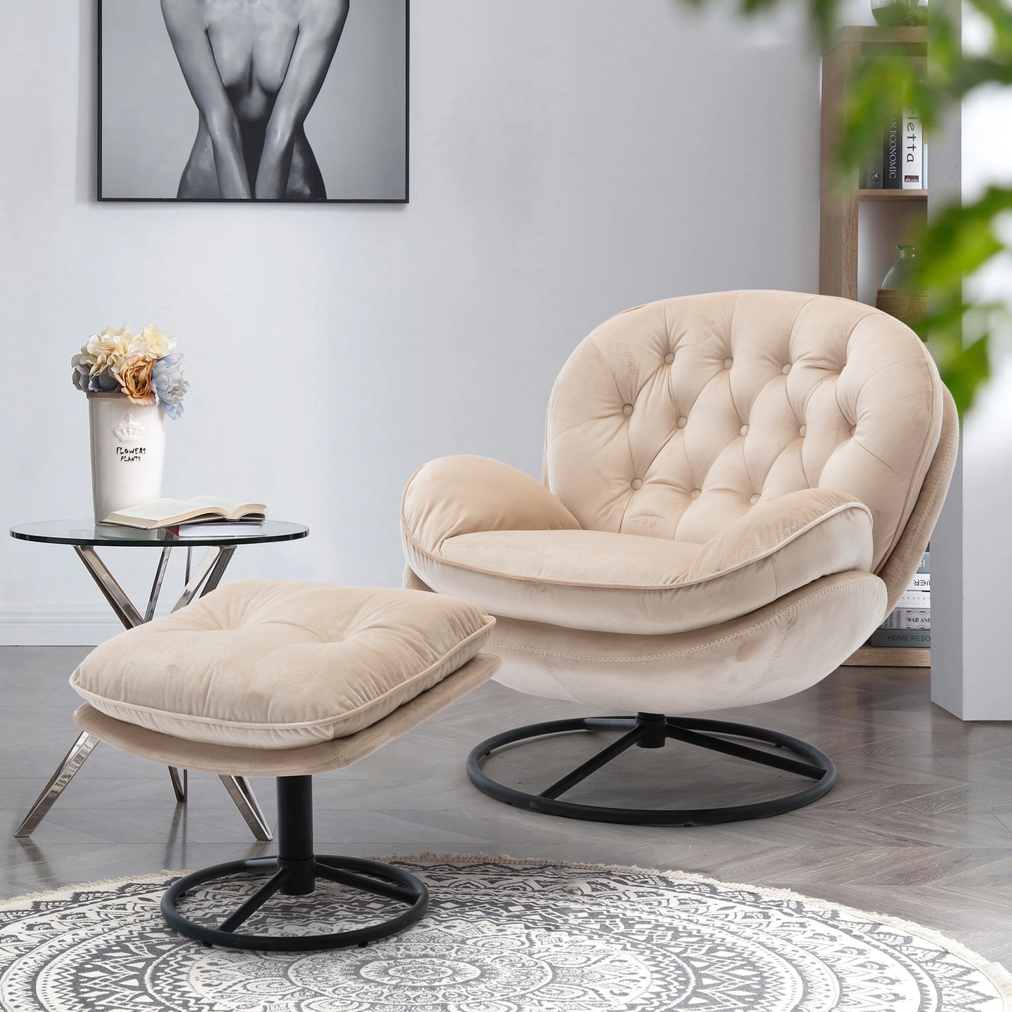 Beige Accent Chair with Ottoman