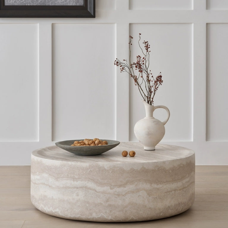 The Bailey Drum | Travertine Round Coffee Table